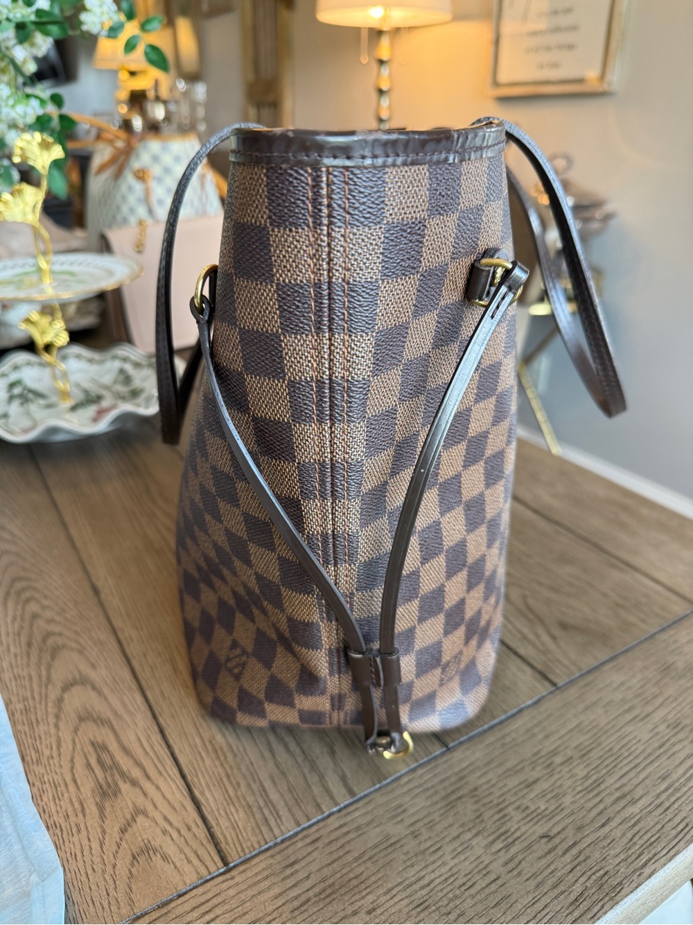 Louis Vuitton Damier Ebene Brown Check Tote Bag with Red Interior - Picture 4 of 14